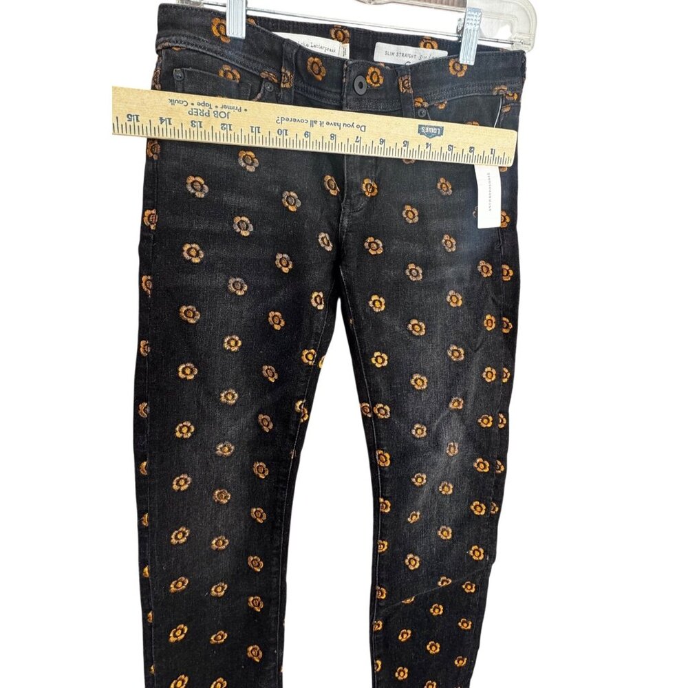 Pilcro & the Letterpress Black Jeans Sz 25 Slim Straight Gold Floral Embroidered - Picture 7 of 11